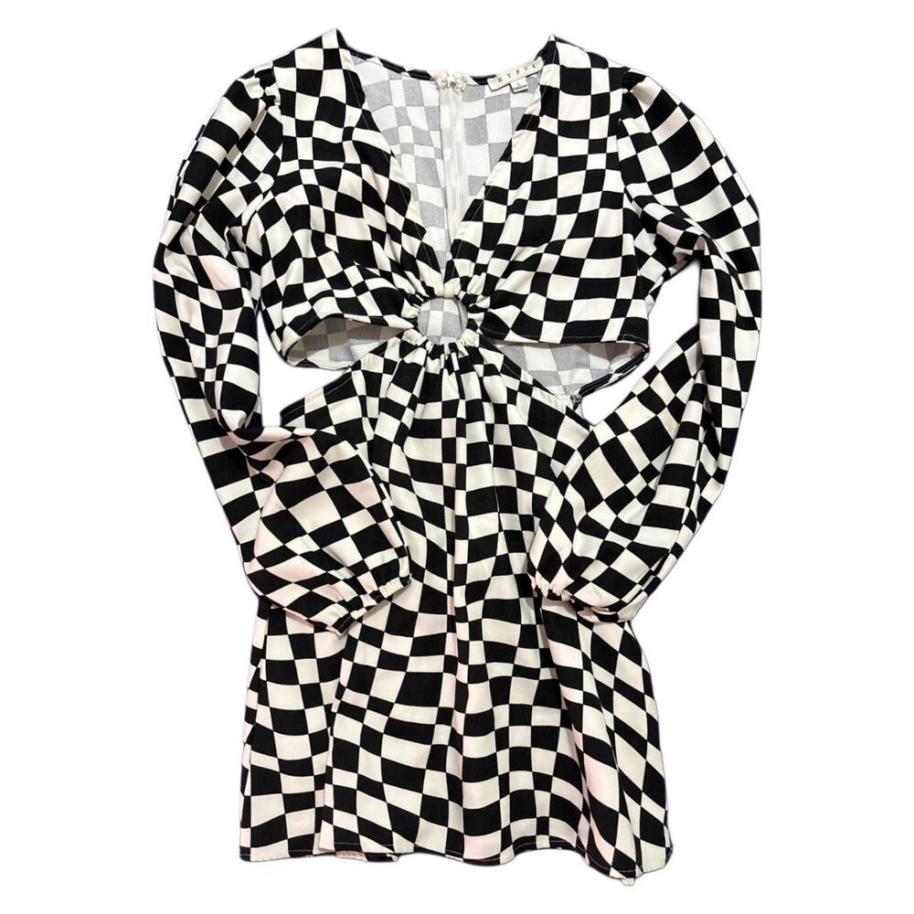 Discovery Black & White Checkerboard Dress with Bell Sleeves and Keyhole Front